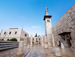 Damascus, Syria - May, 2022: Exterior of the Umayyad Mosque and Mausoleum of Saladin in Damascus