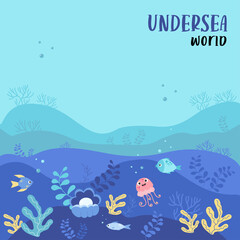 Tropical square poster with seabed, landscape of underwater world and plants, jellyfish and fish, coral and pearl. Vector illustration for design, decor, flyer, advertising, print and banners.