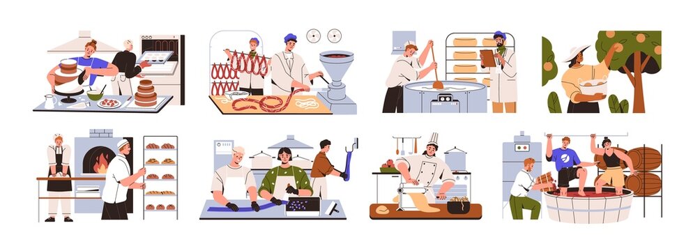 Food Manufacture, Production Industry Processes. Workers Making Handmade Pasta, Wine, Bakery Products, Cooking Sausages, Cheese With Machines. Flat Vector Illustrations Isolated On White Background