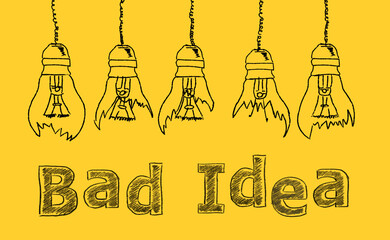 Set of broken down light bulbs hand drawn on a yellow background with lettering BAD IDEAS. Uninspired or motivation, burnout or exhausted from crisis, no new idea or inspiration concept.