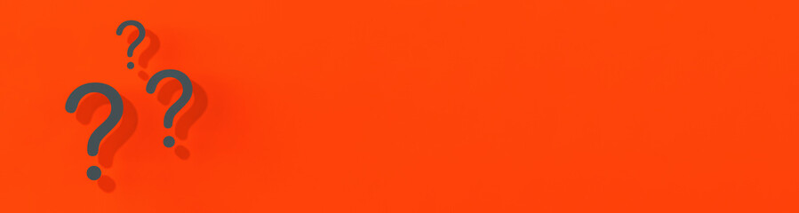 Question marks with shadow on red background.Technical support. Answers to questions. Banner for insertion into site. Place for text cope space. Horizontal image. 3D image. 3D rendering.