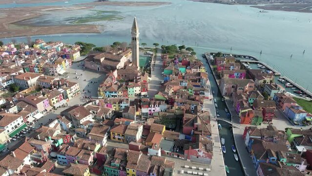 Aerial view of Burano, Venice, Veneto, Italy, Europe.
