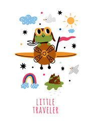 Animals pilots card. Frog character flying on plane. Airplane with cute aviator. Cartoon amphibian. Froglets adventure. Little traveler. Toad drive aircraft with propeller. Vector postcard