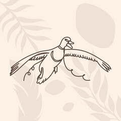 duck flying one continuous line drawing, sketch, isolated, vector