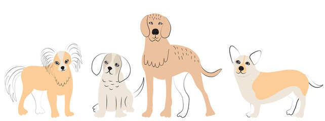 dogs of different breeds doodle sketch, outline, isolated, vector
