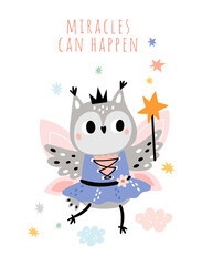 Cute fairy animal card. Funny girl bird with delicate wings and magic wand. Forest princess. Cartoon sorceress character making magical miracles. Postcard design. Vector owl enchantress