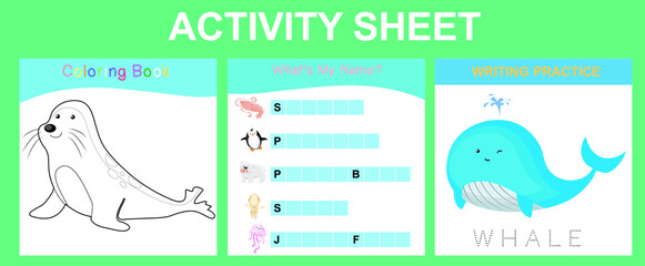 Activity sheet for children. Educational printable worksheet. Sea animal worksheet theme. Motor skills education. Vector illustrations.