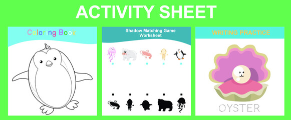 Activity sheet for children. Educational printable worksheet. Sea animal worksheet theme. Motor skills education. Vector illustrations.