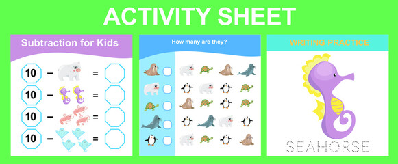 Activity sheet for children. Educational printable worksheet. Sea animal worksheet theme. Motor skills education. Vector illustrations.