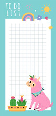 Cute llamas weekly planner. Magic alpaca unicorn. Kids to do list with animal rainbow and cactuses. Blank checkered sheet. Memo note. Tasks planning. Vector goals organizer page template