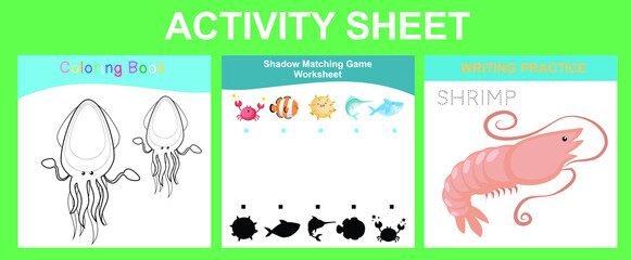 Activity sheet for children. Educational printable worksheet. Sea animal worksheet theme. Motor skills education. Vector illustrations.