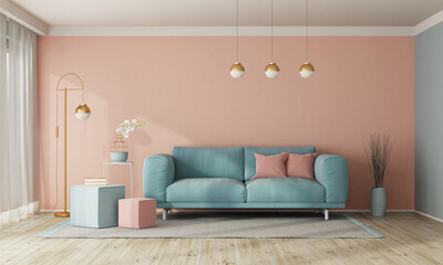 Modern living room interior with sofa on empty pastel color wall - 507772679