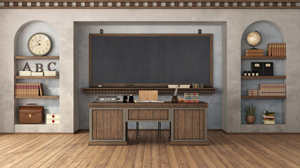 Empty retro classroom with blackboard and teacher's desk - obrazy, fototapety, plakaty