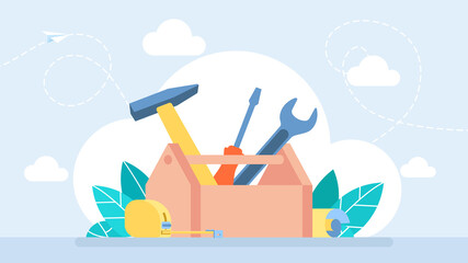 Workman's toolkit. Toolbox with instruments inside. Tool chest with hand tools. Workbox in flat style. Set building tools repair. Hammer, screwdriver, tape measure. Vector business illustration