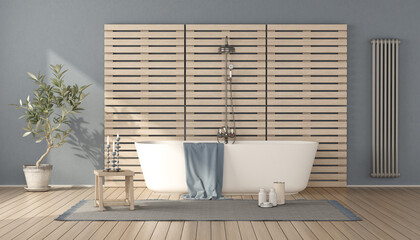 Fototapeta na wymiar Minimalist bathroom with bathtub against wooden panel