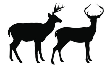 Standing horned male deer silhouette vector set, isolated on white background, wild animal concept, fill with black color wildlife animal, male deer icon, symbol idea, side view