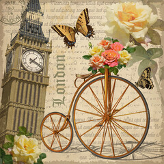 Vintage postcard London with Big Ben,roses and bicycle.