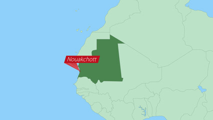 Map of Mauritania with pin of country capital.