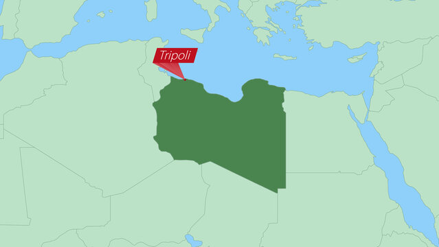Map of Libya with pin of country capital.