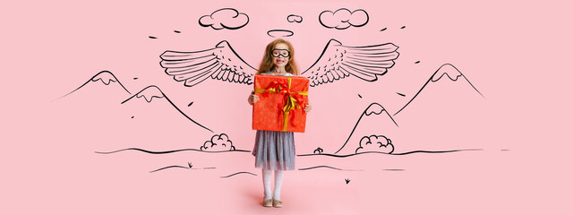 Artwork with cute kid, little girl with big gift box isolated on pink background with pencil sketch...