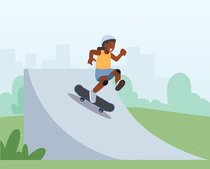 Little African Girl Rolling on Skateboard, Kid Character Perform Stunts in Rollerdrome. Stylish Skating Preteen. Skateboarding