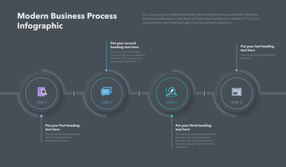 Modern business process template with four colorful stages - dark version. Easy to use for your website or presentation.