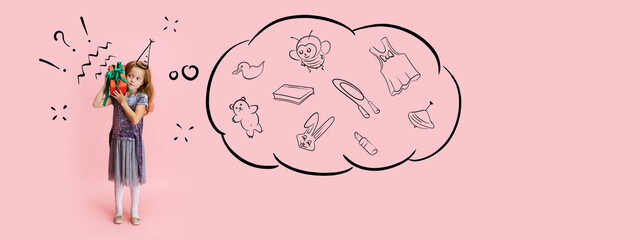 Artwork with cute kid, little girl with big gift box isolated on pink background with pencil sketch and drawings. Concept of ideas, holidays, imagination, international children's day