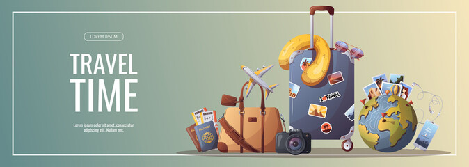 Banner for travel, tourism, adventure, journey. Suitcase, airplane and globe, camera, travel bag, passport and tickets. Vector illustration, flyer, cover, banner template.