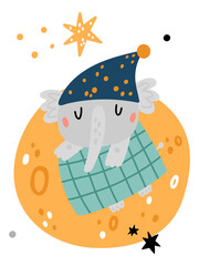 Sleepy cute animal. Happy elephant dreaming in bed. Cartoon creature sleeping under blanket on moon. Mammal in pajamas cap. Space stars and planet. Night relaxation. Vector slumbering cub