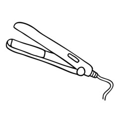 Hair straightener or iron outline sketch isolated on white. Hand drawn linear element in doodle style.  Vector icon of professional hairdresser tool for hairdressing salon or barbershop concept.