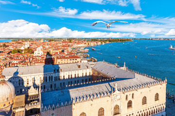 Venice panorama from the Campanile, Roofs of the dome and palaces of Venice, Italy