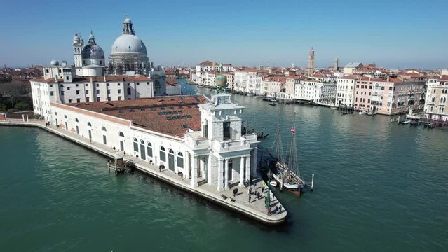 Aerial view of St Mark's square, Grand Canal and Dogana da Mar, Venice, Veneto, Italy, Europe