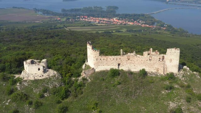 Ruins of stone castle Děvičky above Mikulov in Moravia, drone shot.