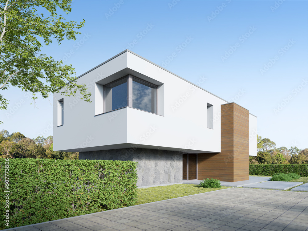 Poster 3d rendering of white modern house with concrete floor and lawn yard.