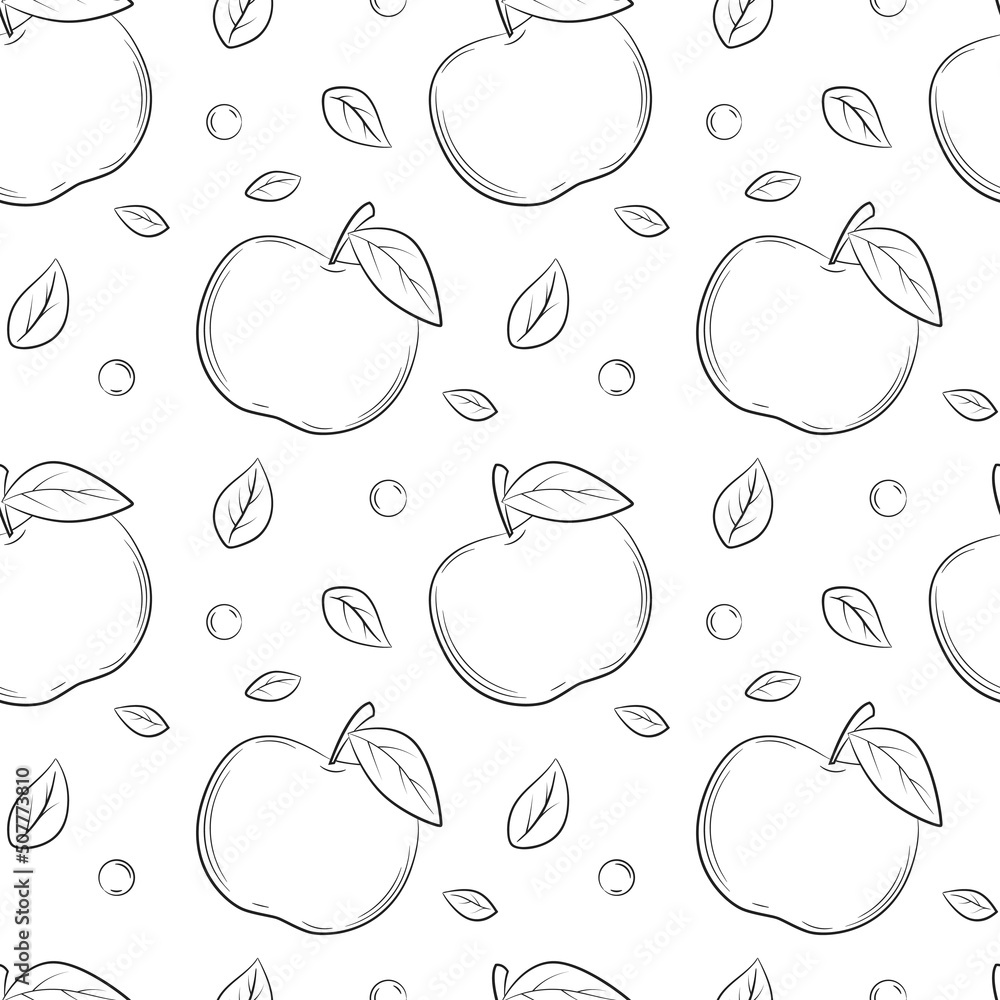 Wall mural Monochrome black and white seamless pattern. Hand-drawn apples with leaves. A simple outline background for web design, product packaging, napkins, backdrops. vector illustration on white.