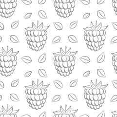 Monochrome black white fruit seamless pattern. Hand-drawn raspberries, blackberries. Simple outline background for web design, product packaging, napkins, backdrops. vector illustration on white