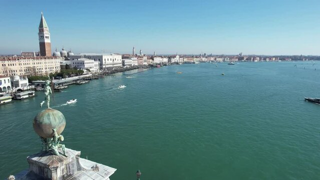Aerial view of St Mark's square, Grand Canal and Dogana da Mar, Venice, Veneto, Italy, Europe