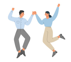 Happy business couple jumping for joy. Teamwork. Business cooperation of young creative people. The concept of happiness, victory, triumph, unity and support between colleagues. Vector illustration.