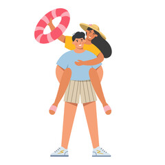 Happy couple is enjoying their vacation on the beach. The concept of summer holidays, recreation, relaxation and tourism. Rest and activity. Flat vector illustration.