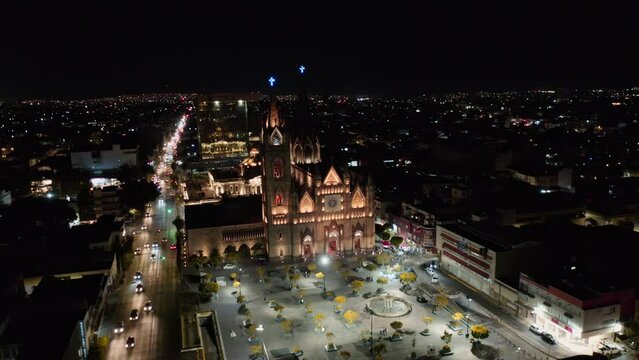Cinematic Establishing Shot of Expiatory Cathedral in Guadalajara at Night