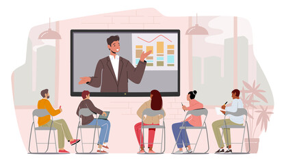 Business Characters Listen Speaker at Virtual Conference. Tutor Perform Data on Monitor in Office. Remote Online Meeting