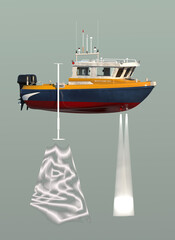 Speed boat. Bathymetry. Model contains sonar, measuring beams, lights, mounted motors and other external and some internal objects of the cabin. On a solid green background. 3d-rendering.