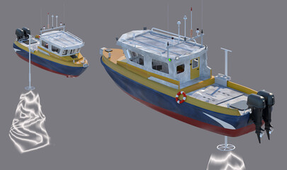 Speed boat. Bathymetry. Model contains sonar, measuring beams, lights, mounted motors and other external and some internal objects of the cabin. On a solid gray background. 3d-rendering.