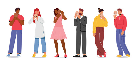 Set of Male and Female Characters Hiding Faces Behind Social Masks With Fake Positive Emotions. Sad Men and Women