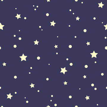 Ivory stars on night sky dark blue background. Abstract vector seamless pattern in soft colors. Best for textile, print, wrapping paper, package and home decoration.