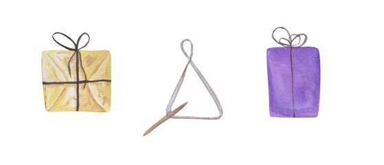 Christmas golden and purple gift boxes, and musical triangle illustration. Set of 3 watercolor winter holiday objects. Presents and a metal music instrument clipart