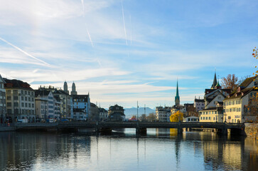 Fototapeta premium A beautiful view on a bridge over the Limit, in the city of Zurich 