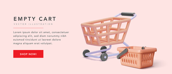 Banner empty cart for website or app with 3d realistic cart and basket. Vector illustration © bs_k1d
