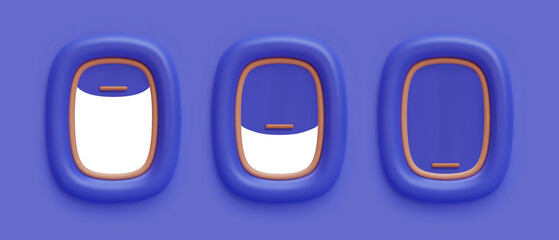 Set of 3d realistic blu aircraft windows with curtains in different positions and blank copy space inside. Vector illustration