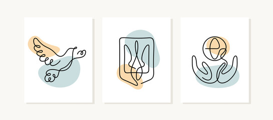 Support Ukraine one line posters. No war vector illustration.